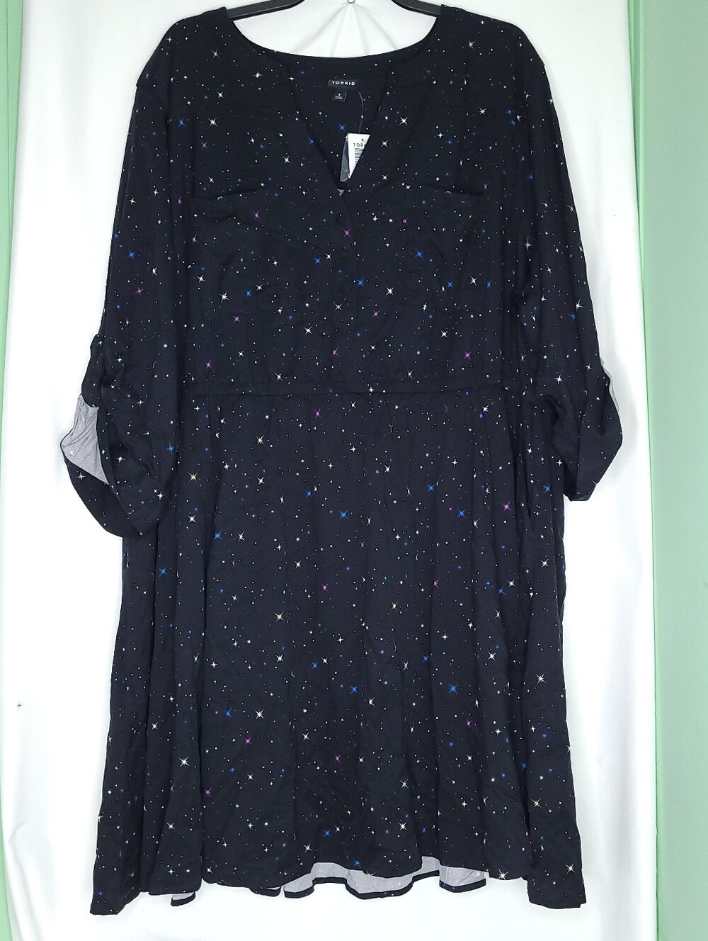 TORRID Challis Long Sleeve Mini Shirtdress In Far Away Stars Print Size 4X (NWT)